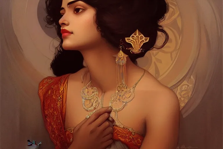 Prompt: sensual pale beautiful bengali girl, art deco portrait, elegant, intricate, digital painting, artstation, concept art, smooth, sharp focus, illustration, art by artgerm and greg rutkowski and alphonse mucha