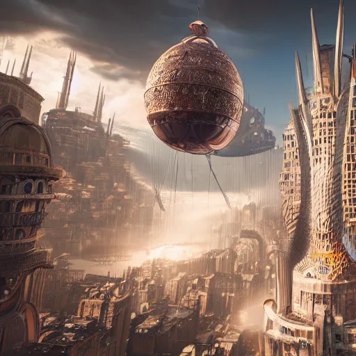 Image similar to enormous flying city faberge egg, sky, steampunk, fantasy art, unreal engine,