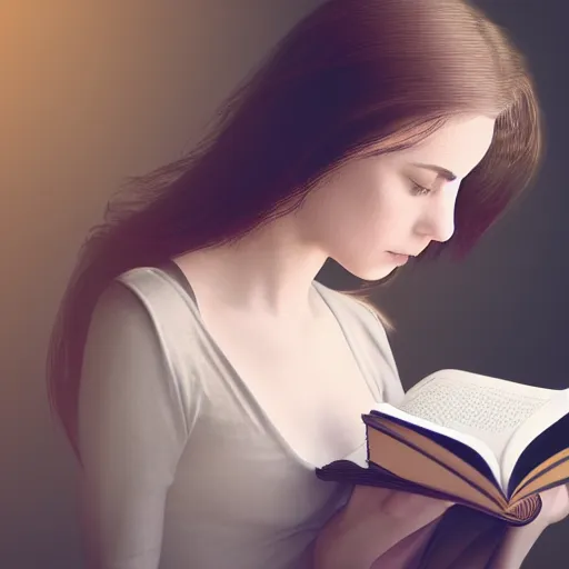 Image similar to a girl reading book, hair flowing down, high resolution, 4K, photo realistic