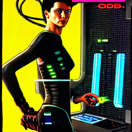 Image similar to cable plugged into cyberdeck, right temple, cyberpunk woman, computer, 1 9 7 9 omni magazine cover, style by vincent di fate, cyberpunk 2 0 2 0