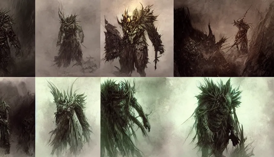 Image similar to feral chieftain charector concept sheet, beksinski, ruan jia, the hobbit orc concept, dark soul concept