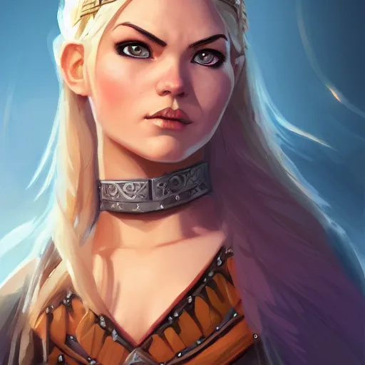 Image similar to epic portrait an beautiful female viking, front facing symmetrical centered painted portrait, just one head, Elisha Cuthbert as a D&D Paladin, RPG character avatar, Blizzard concept art, pixar, dreamworks, global illumination lighting, trending on artstation, by lois van baarle, ilya kuvshinov, rossdraws