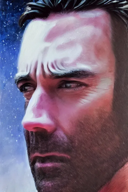 Prompt: hyperrealism oil painting, close - up portrait of jon hamm, knight, steel gradient mixed with nebula sky, in style of baroque