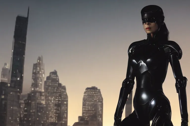 Image similar to VFX movie closeup portrait of a gorgeous futuristic robot woman in black spandex armor in future city, hero pose, beautiful skin, city night lighting by Emmanuel Lubezki