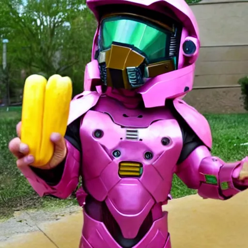 Image similar to cute master chief in pink armor holding a banana