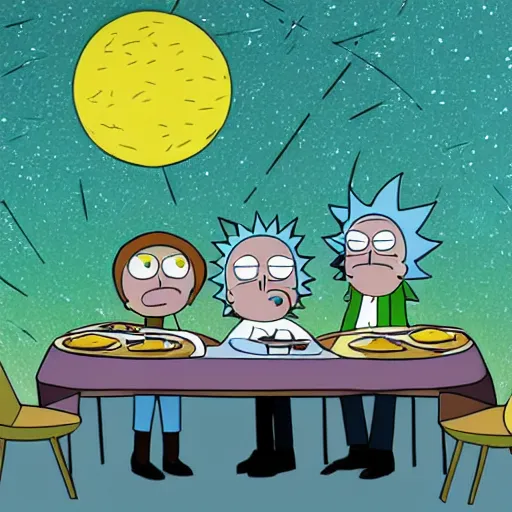 Prompt: rick and morty having dinner in spaceship metallic, layered paper style