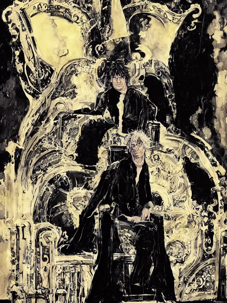 Prompt: portrait of king neil gaiman on his throne, mike dringenberg and dave mckean