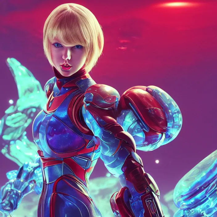 Image similar to portrait of Taylor Swift as SAMUS ARAN. HD, 4K. intricate abstract. intricate artwork. by Tooth Wu, wlop, beeple, dan mumford. octane render, trending on artstation, greg rutkowski very coherent symmetrical artwork. cinematic, hyper realism, high detail, octane render, 8k, iridescent accents. metroid