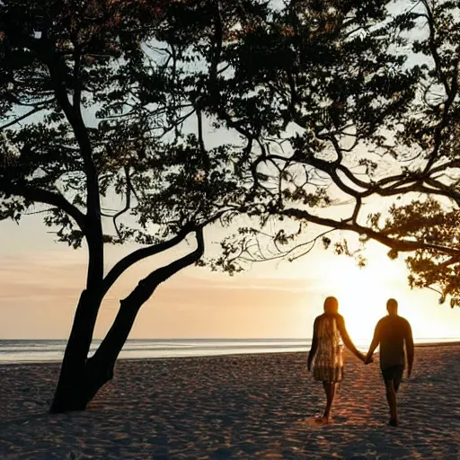 Prompt: Couple in their early thirties walking down a secluded beach during the golden hour quietly contemplating the newfound beauty discovered inside the other person while growing ever more deeply in trust and love between each other.