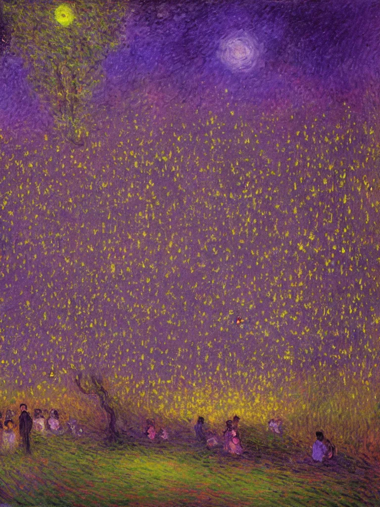 Prompt: gauzy twilight impressionist painting of fireflies in my backyard with an old apple tree waving to the left in a purple cast with people! dancing in the moonlight, extremely dark, intense purplish color oil painting by claude monet and piet mondrian, cosmic trending on artstation 8 k
