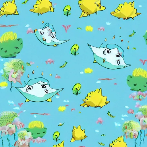 Image similar to baby fish dinosaurs cute, smiling, studio ghibli style