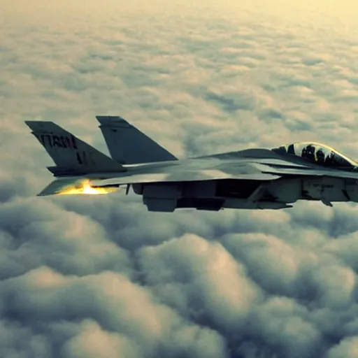 Image similar to a f 1 4 tomcat flying over the clouds chasing an ufo