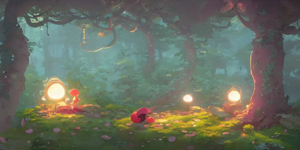 Image similar to fairy mushrooms house, moss, lianne, by cory loftis & akihiko yoshida & james gilleard & atey ghailan & makoto shinkai & goro fujita & studio ghibli, rim light, exquisite lighting, clear focus, magic atmosphere, very coherent, plain background, soft painting