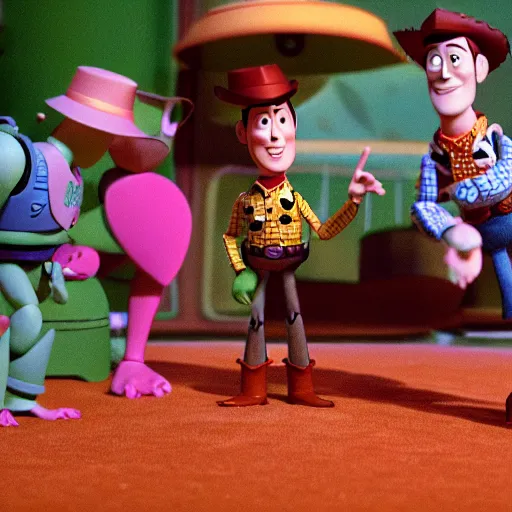 Image similar to scene from claymation toy story directed by wes anderson, 4 : 3 aspect ratio