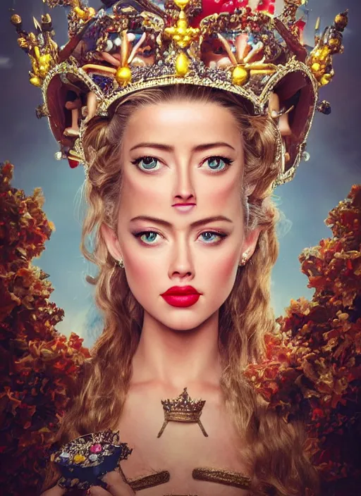 Image similar to closeup face profile portrait of tin toy amber heard as a fairytale princess wearing a crown eating cakes, bikini, depth of field, zeiss lens, detailed, symmetrical, centered, fashion photoshoot, by nicoletta ceccoli, mark ryden, lostfish, breathtaking, 8 k resolution, extremely detailed, beautiful, establishing shot, artistic, hyperrealistic, octane render