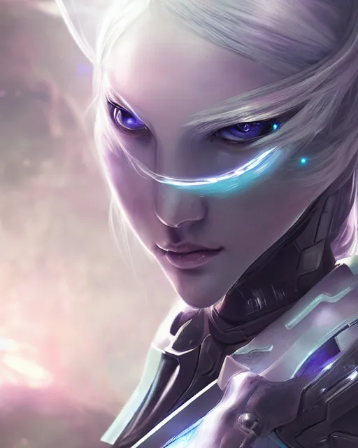 Image similar to perfect android girl on a mothership, warframe armor, beautiful face, scifi, futuristic, galaxy, nebula, raytracing, dreamy, long white hair, blue cyborg eyes, sharp focus, cinematic lighting, highly detailed, artstation, divine, by gauthier leblanc, kazuya takahashi, huifeng huang