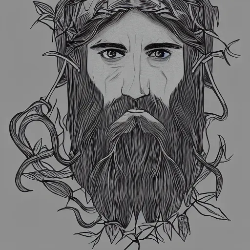 Image similar to huge male druid gray face pointy ears long beard with vines as hair hibiscus flowers detailed drawing