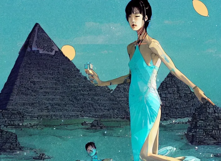 Image similar to lee jin - eun in luxurious dress emerging from turquoise water in egyptian pyramid city during an eclipse by conrad roset, m. k. kaluta, martine johanna, rule of thirds, elegant look, beautiful, chic, face anatomy, cute complexion