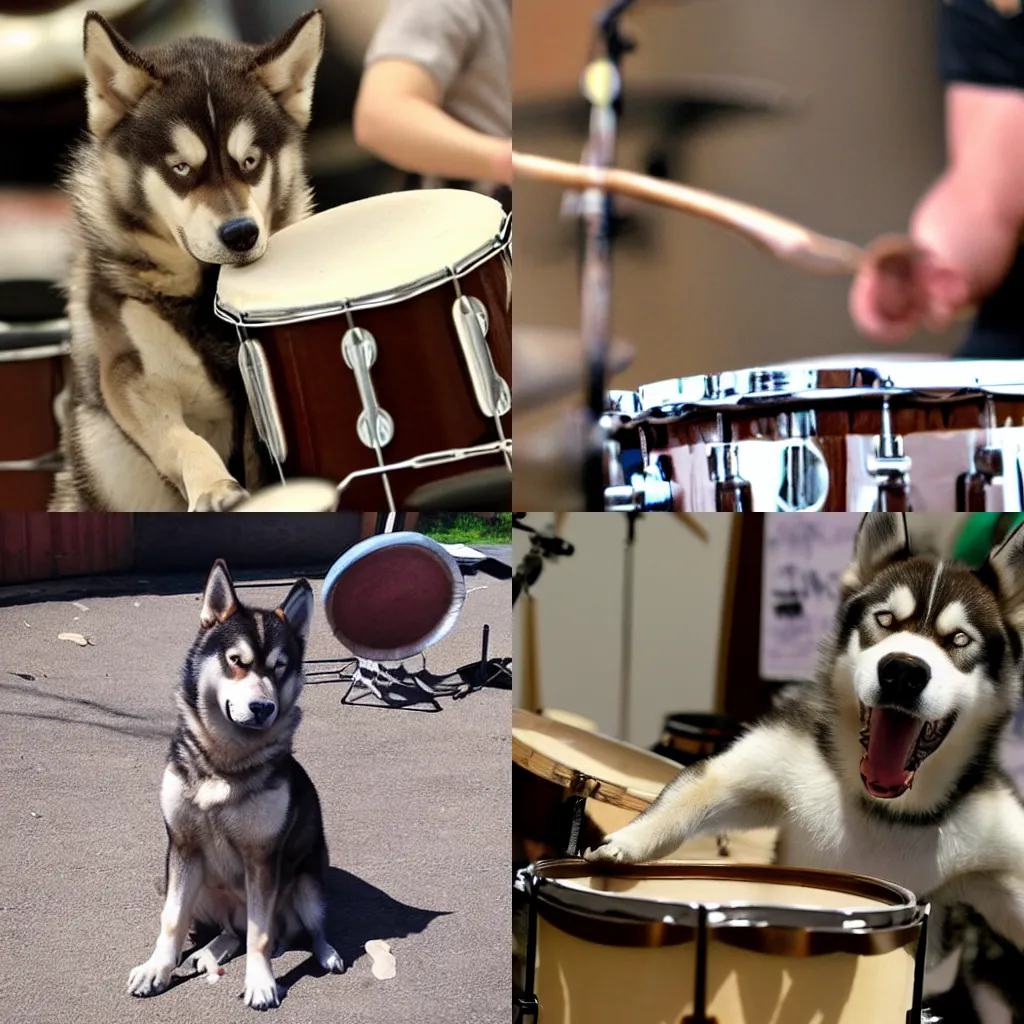 Prompt: a brown husky playing the drums