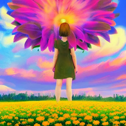 Image similar to giant daisy flower face, girl standing in a flower field, surreal photography, sunrise dramatic light, impressionist painting, colorful clouds, digital painting, artstation, simon stalenhag, flower face