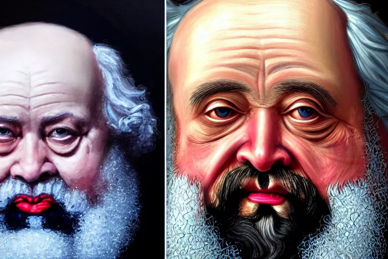 Image similar to ( ( a beautiful 8 k photorealistic masterpiece oil - painting ) ( close up ) and ( zoom out ) ( of ( karl marx with osteogenesis imperfecta ) ( shouting to a dwarf ( angry ) ) ) ( hyperrealism ) ( 1 6 k ) ( trending on artstation )