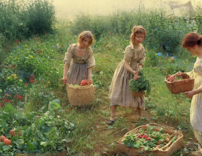 Image similar to 3 peasant girl picking vegetables from garden, cottage core, cinematic focus, polaroid photo bleached vintage pastel colors high - key lighting, soft lights, foggy, by steve hanks, by lisa yuskavage, by serov valentin, by tarkovsky, 8 k render, detailed, oil on canvas