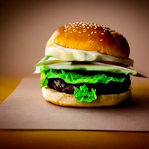 Image similar to a delicate foto of a cheesburger, 3 5 mm, nikon, in the style of karl lagerfeld, fuji film, green tones, dof