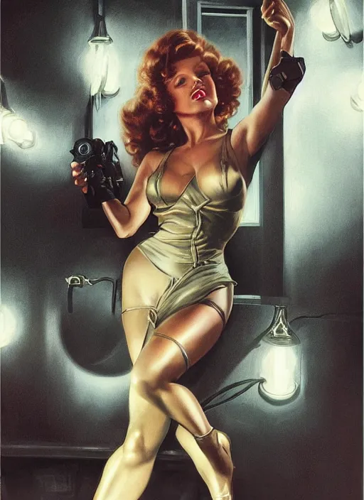 Prompt: Rita Hayworth as a muscled heroine staring into the camera, torch shadows, foggy night, intricate, elegant, highly detailed, Donato Giancola, Joseph Christian Leyendecker, WLOP, Boris Vallejo, Artgerm