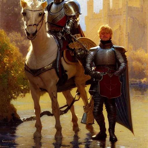 Image similar to attractive arthur pendragon and his attractive male knight, in camelot. highly detailed painting by gaston bussiere, j. c. leyendecker, greg rutkowski, craig mullins 8 k