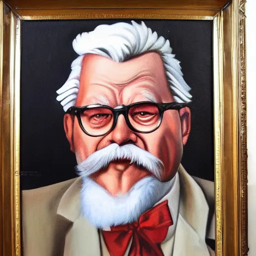 Image similar to an ultra - realistic portrait painting of colonel sanders in the style of frank frazetta. 4 k. ultra - realistic. highly detailed. dark fantasy. epic lighting.