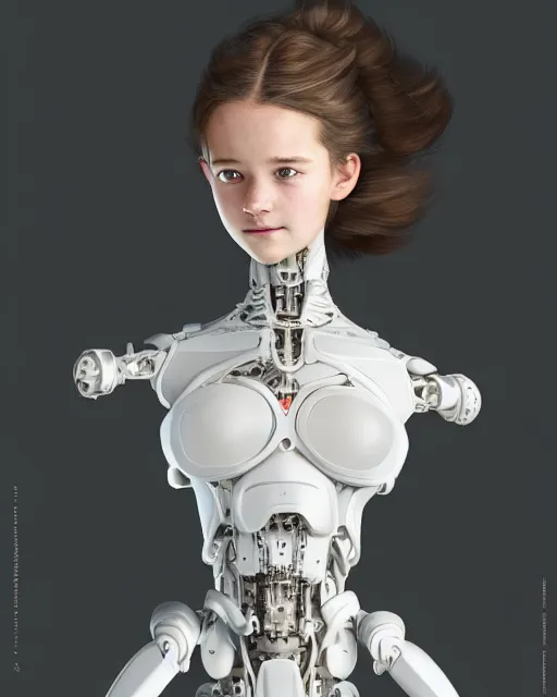 Image similar to weta disney pixar movie still head and torso portrait photo of young millie alicia bobby vikander brown as thoughtful intricate detailed mechanical white plastic cyborg girl by pixar, by weta, wlop, ilya kuvshinov, rossdraws, artgerm, latex, iridescent, bright morning, anime, liosh, mucha