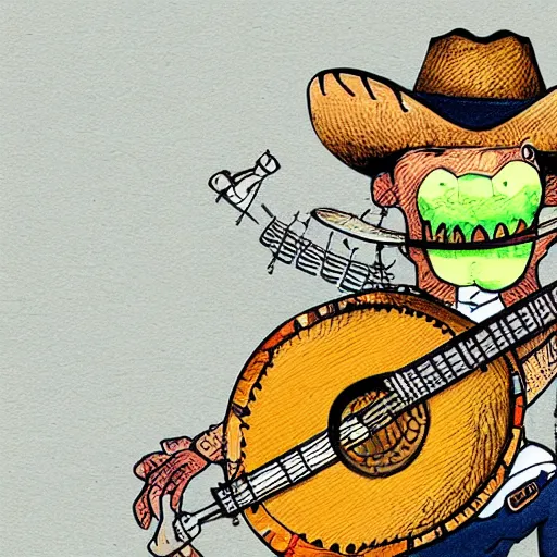 Image similar to an illustration of a alligator playing a banjo and wearing a cowboy hat