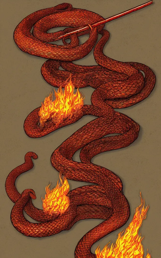 Image similar to a snake wrapped around a flaming sword, digital art.