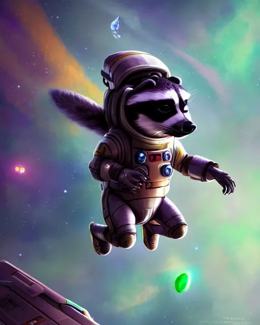 Prompt: closeup 2 8 mm anthropomorphic astronaut raccoon flying a spaceship, mass effect, action pose, particle effects, digital painting, concept art, matte, sharp focus, volumetric lighting, illustration, hearthstone, artgerm, moebius, wlop, craig mullins, alphonse mucha