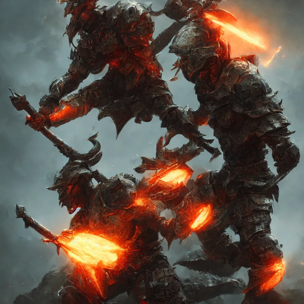 Prompt: photo of brutal Warrior, wearing intricate steel armor, sharp focus, holding magical fiery battle-axe, magical aura, heroic pose, fantasy style, octane render, volumetric lighting, 8k high definition, by greg rutkowski, highly detailed, trending on ArtStation, magical Battlefield background, centered