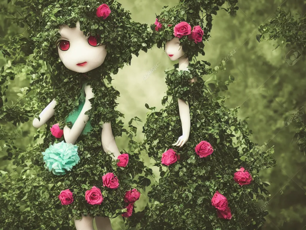 Image similar to cute fumo plush girl wrapped in vines in the middle of a lush rose garden, glowing gothic wraith plantgirl, tattered green dress, blue sky sunshine, bokeh, vray