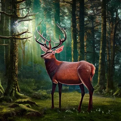 Prompt: beautiful hyper realistic stag. elven woods, celestial highly detailed magic athmospher. beautiful highly detailed forest background. blue light. sunlight rays throught the trees. intricate, elegant, long shot 8 k rendering.