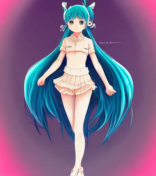 Prompt: Anime art of beautiful Hatsune miku with beautiful legs by artgerm, rossdraws, magali villeneuve, Gil Elvgren, Alberto Vargas, Earl Moran, Art Frahm, Enoch Bolles, symmetrical shoulders, very detailed anime face by ilya kuvshinov, blue eyes, tiny cute nose, ivory background