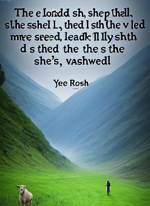 Prompt: The Lord is my shepherd; I shall not want. He maketh me to lie down in green pastures: he leadeth me beside the still waters. He restoreth my soul: he leadeth me in the paths of righteousness for his name's sake. Yea, though I walk through the valley of the shadow of death, I will fear no evil: for thou art with me; thy rod and thy staff they comfort me. Thou preparest a table before me in the presence of mine enemies: thou anointest my head with oil; my cup runneth over. Surely goodness and mercy shall follow me all the days of my life: and I will dwell in the house of the Lord for ever. edge to edge, 8k