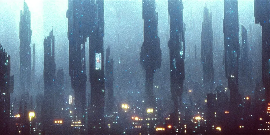 Prompt: 3 5 mm atmospheric night urban photographic landscape of dystopian blade runner 1 9 8 2 city, matte painting, cinematic composition, futuristic dystopian megacity endless various mega - skyscrapers endlessly rising into the horizon, falling acid rain, neon, dramatic cinematography 3 5 mm