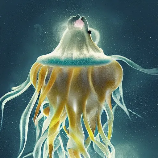 Image similar to a wolf-jellyfish-squid, digital painting, but as a wildlife photography