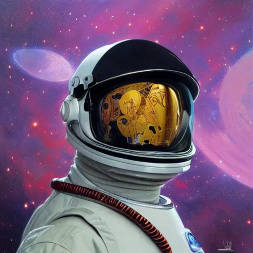 Image similar to a close up painting of an astronaut floating in space. his helmet visor is dark and reflective. you can see the reflection of flowers in his helmet visor. by artgerm and greg rutkowski and alphonse mucha