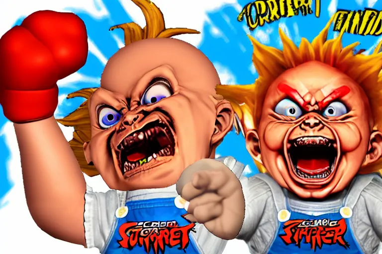 Image similar to screaming chucky doll as a character in street fighter arcade game