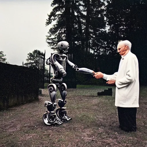 Image similar to an old man shaking hands with a robot in a graveyard, liminal, gothic, eerie, intricate, detailed, award winning photograph, cinestill 8 0 0 t,
