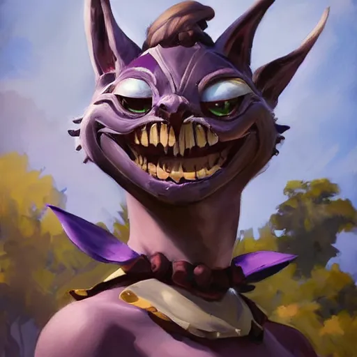 Image similar to greg manchess portrait painting of partially armored cheshire cat from alice in wonderland as overwatch character, medium shot, asymmetrical, profile picture, organic painting, sunny day, matte painting, bold shapes, hard edges, street art, trending on artstation, by huang guangjian, gil elvgren, ruan jia, randy vargas, greg rutkowski