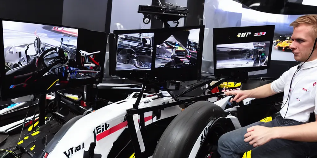 Image similar to tall white blond male in a sim rig racing a f1 car