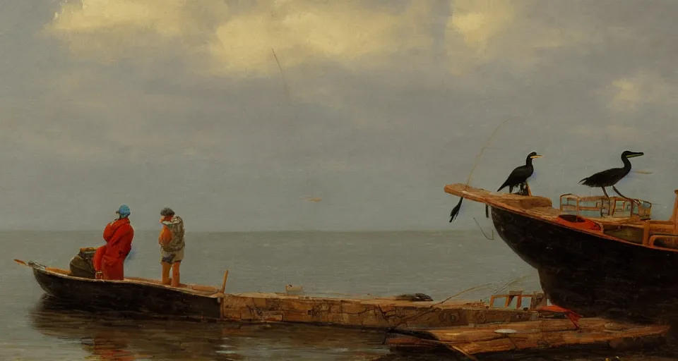 Image similar to painting of a fisherman and a cormorant on a fishing boat in romantic style, sfumato