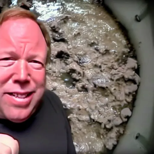 Prompt: CRT surveillence footage of a 50-year-old Alex Jones swimming inside of a filthy giant sized toilet filled with raw sewage, alex jones is gargling the sewage and smiling with an evil grin