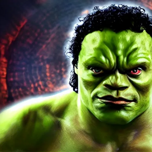 Prompt: pepe hulk, realistic, frame from marvel movie