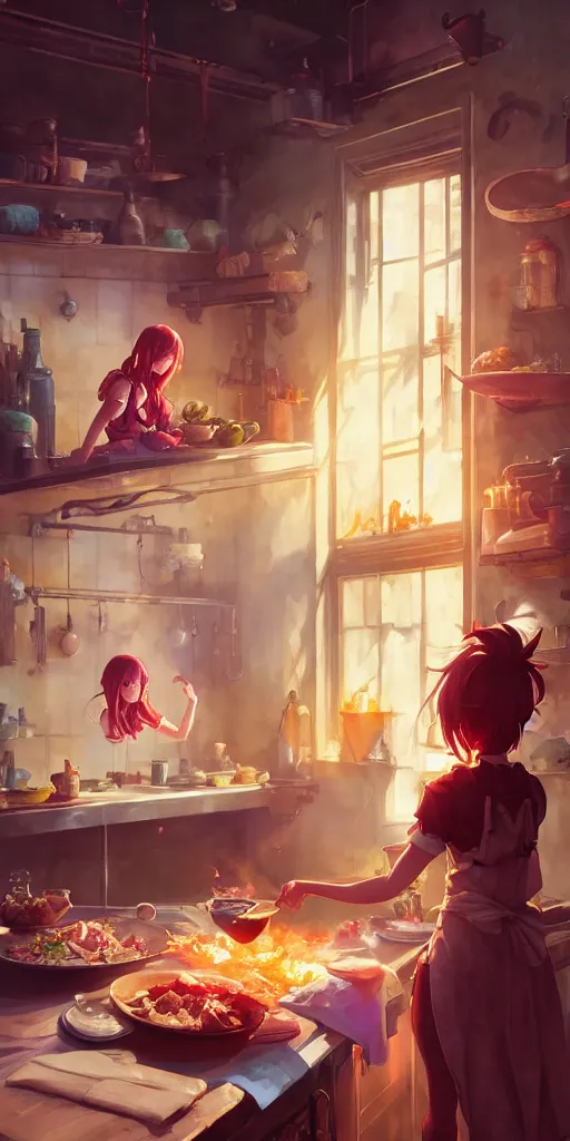 Image similar to girl cooking dinner, food wars, stephen bliss, unreal engine, fantasy art by greg rutkowski, loish, rhads and lois van baarle, ilya kuvshinov, rossdraws, tom bagshaw, alphonse mucha, global illumination, detailed and intricate environment